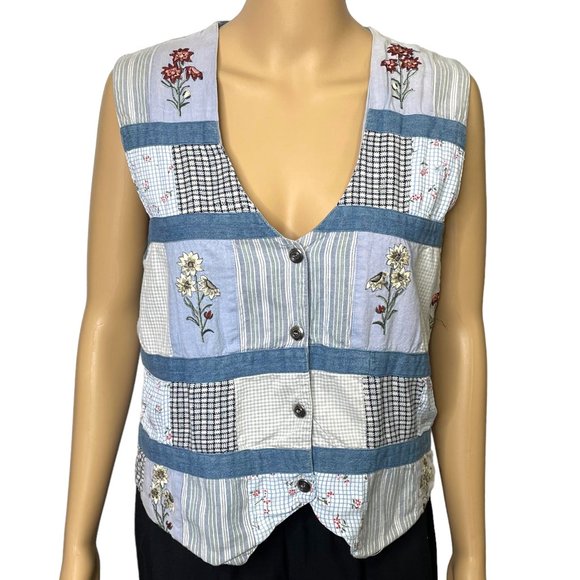 Vintage 80s PHD Paul Harris Design Womens M Blue Floral Button Up Vest Shirt Top - Picture 1 of 9